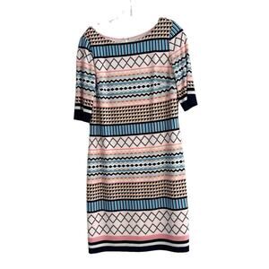 Eliza J Geometric PRINT Pink Blue Gold Zipper Sheath Dress Stretch Sz 10